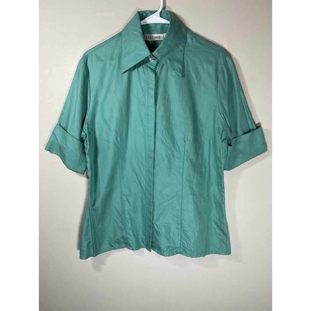 Farinaz Taghavi Top Womens Size 14 Green Button Up Short Sleeve‎ Shirt Modern